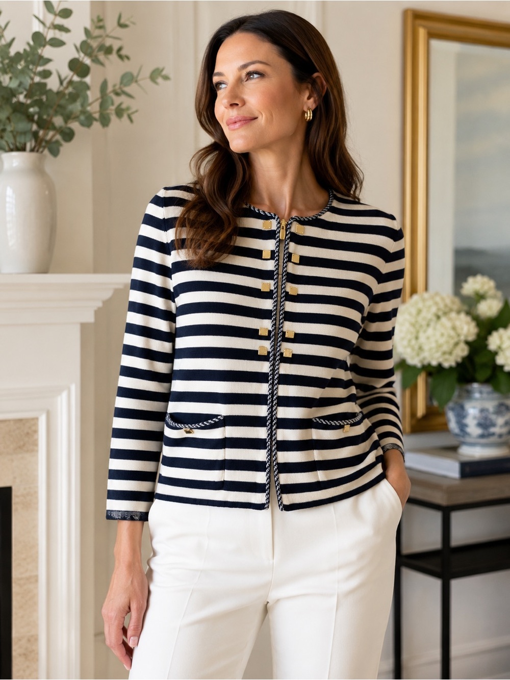 St. John Collection Santana Knit Navy Ivory Stripe Gold Jacket 6